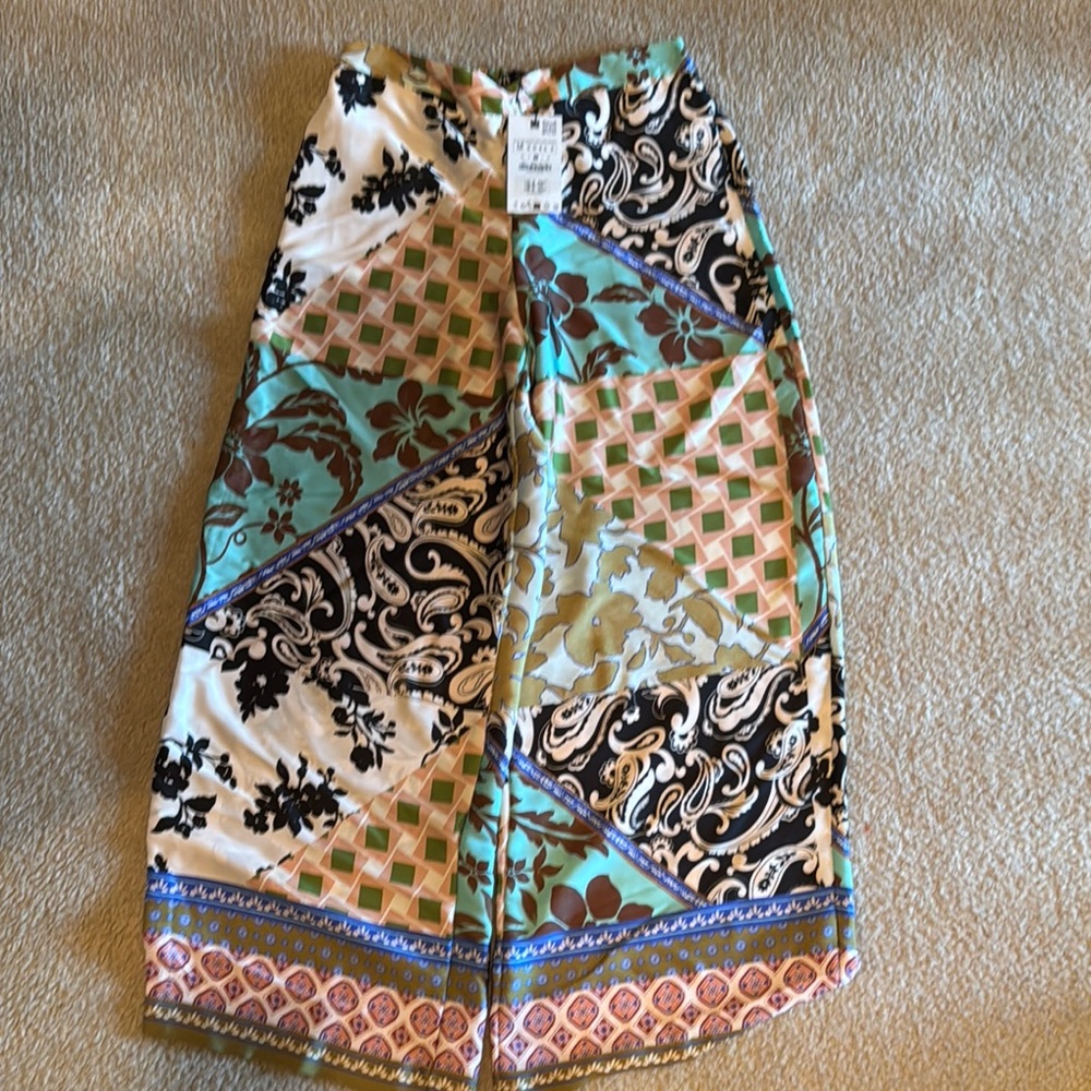 Zara Multi-Pattern Wide Leg Satin Pants - Turquoise, Black, Brown, Cream
